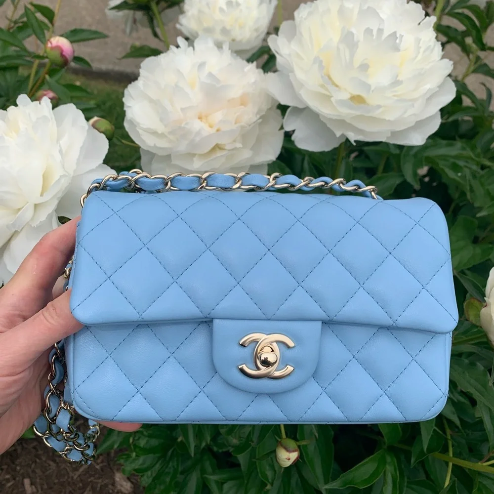 Sold on eBay 22S CHANEL Blue Classic Mini Flap Bag Lambskin Rectangular 2022 NWT - Picture 3 of 15